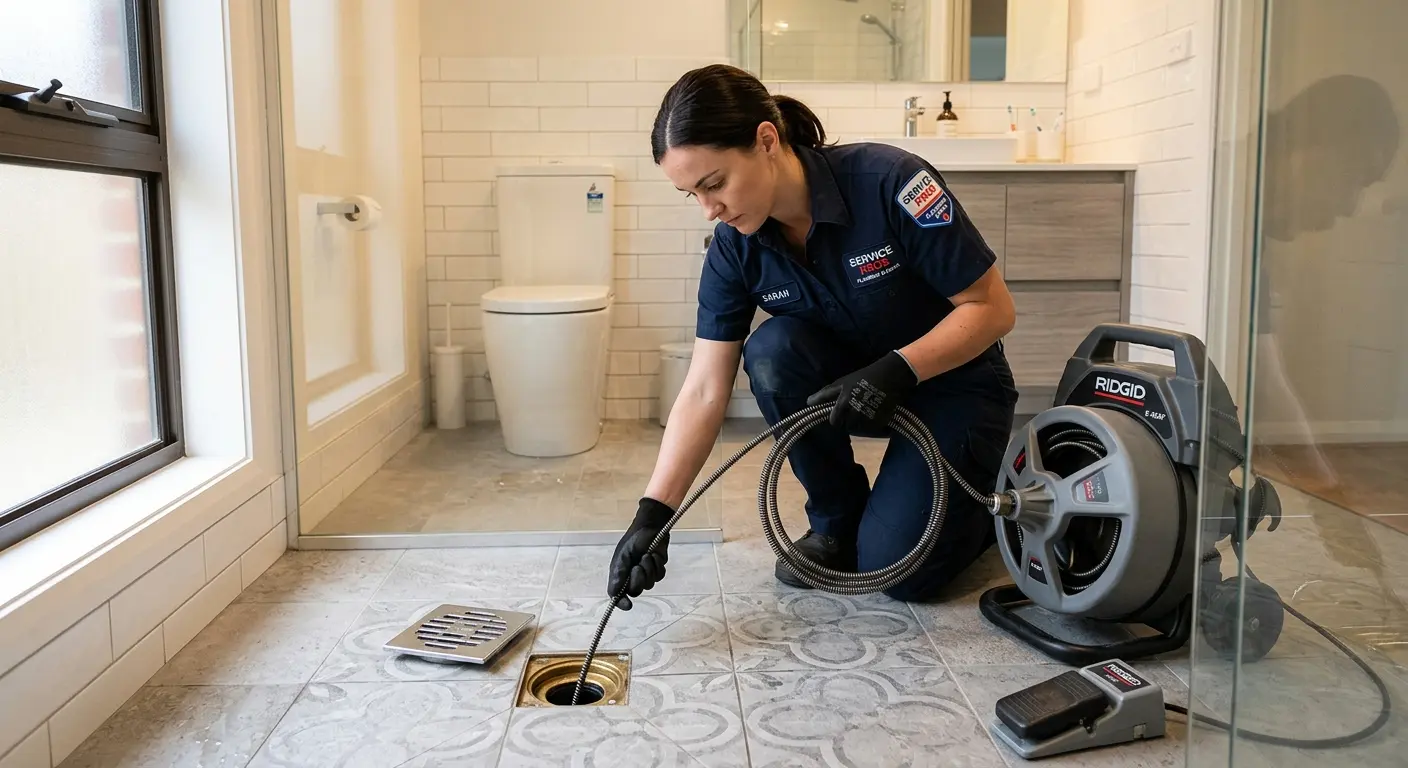 Technician clearing a bathroom floor drain for Drain Cleaning in Forsyth